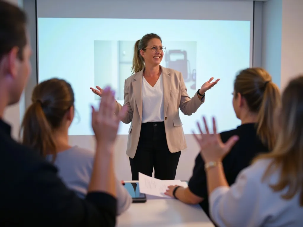 Mit KI erzeugtes Bild. Tanja Förster steht vor einer Leinwand und spricht mit einer Gruppe, die sich meldet